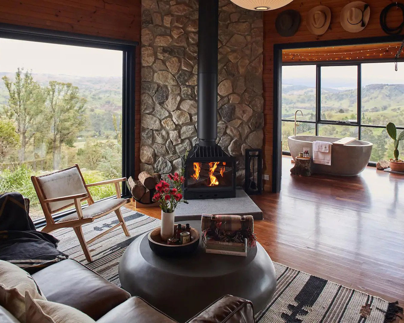 cabin living room with fireplace