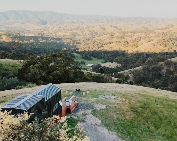An aerial view of Hilltop Off Grid Tiny House best tiny ome stays Victoria