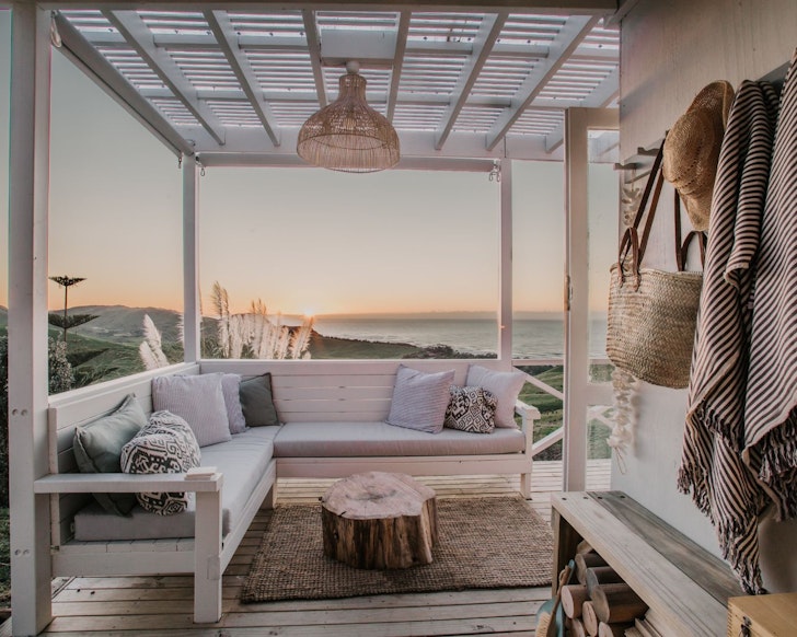 The deck with a view at Hinterland Retreat best tiny homes New Zealand