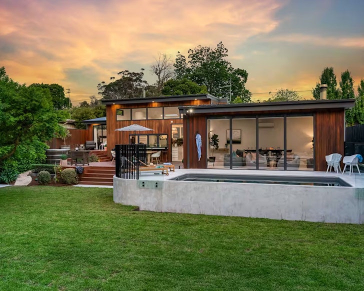 A view of the swimming pool and house at Hiraeth luxury Airbnb accommodation Mornington Peninsula