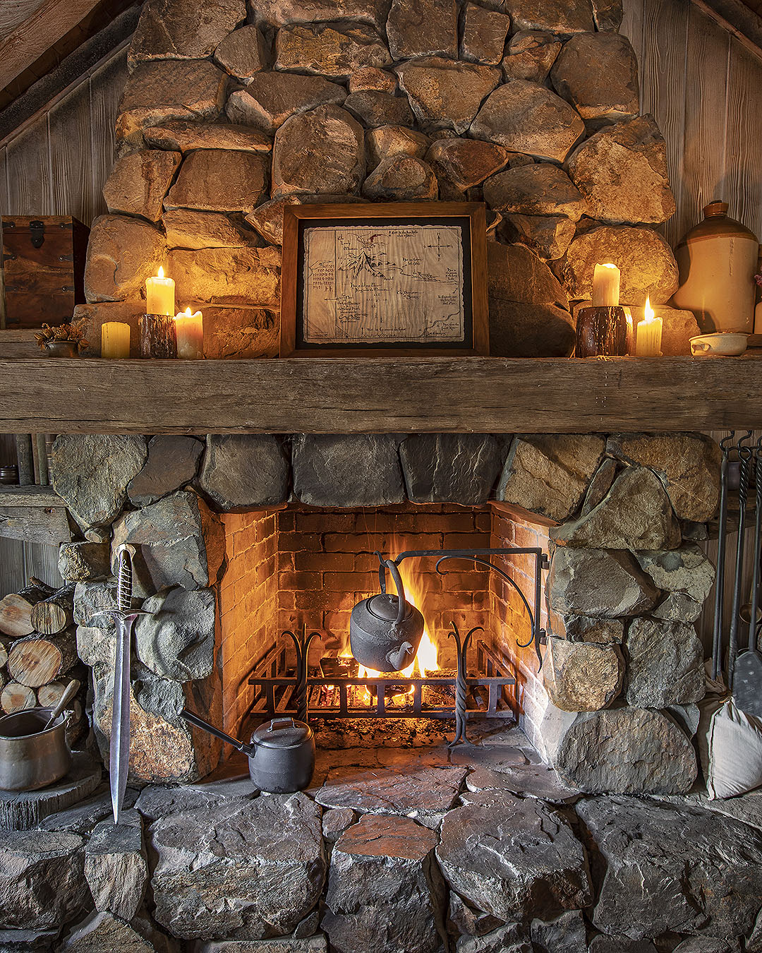 The impressive fireplace at the Hobbiton Airbnb.