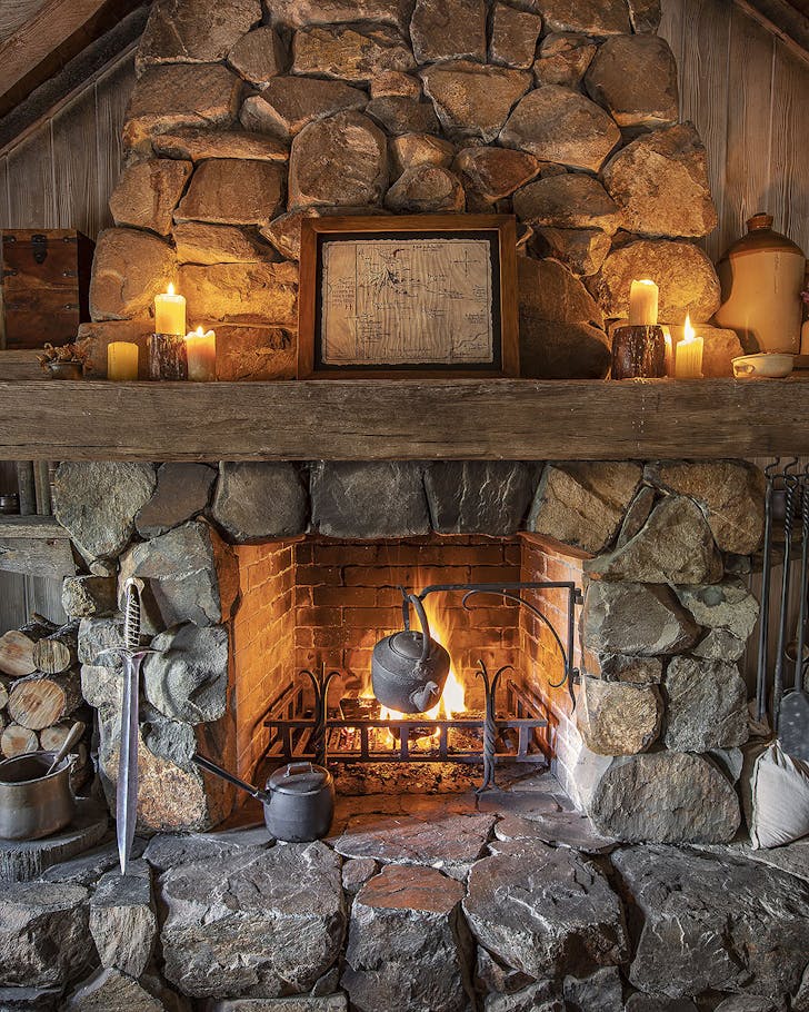 The impressive fireplace at the Hobbiton Airbnb.