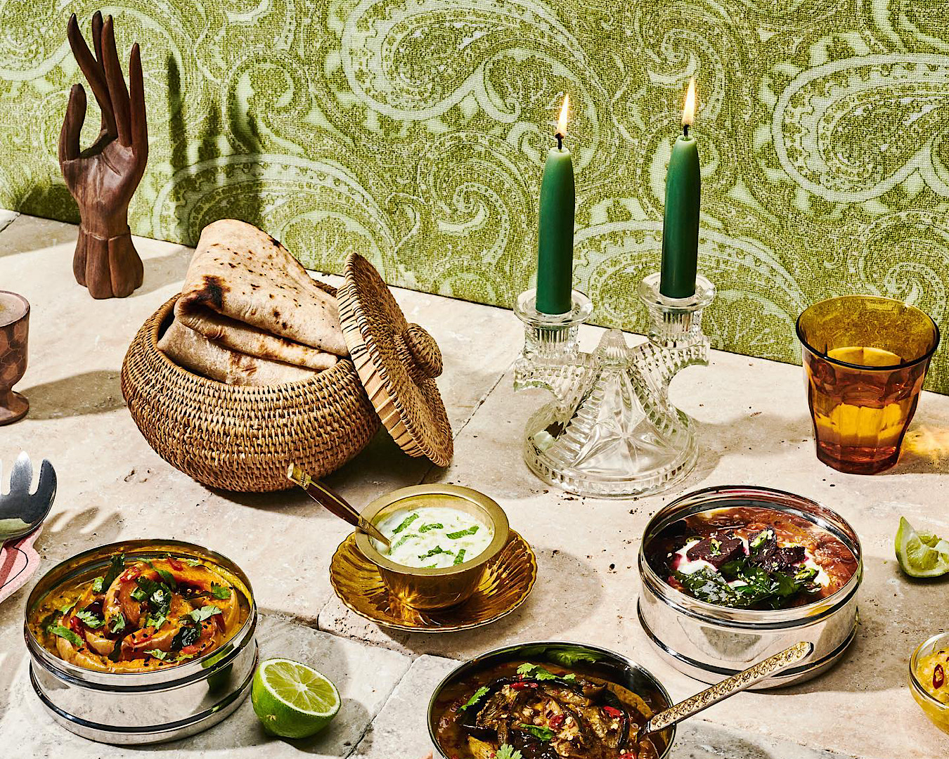 A veritable feast of Indian-inspired kai on a green paisley backdrop. 