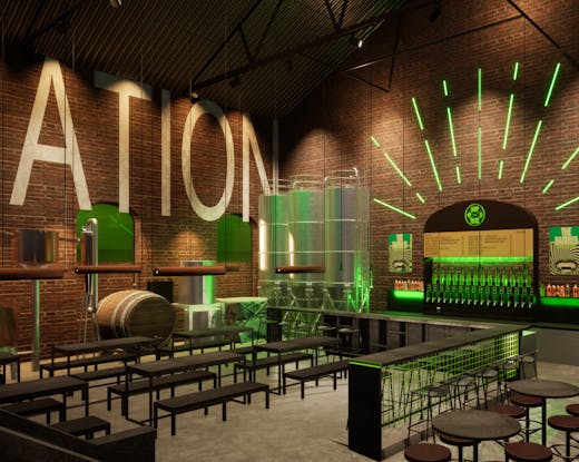 A digital render of the inside of a brewpub. 