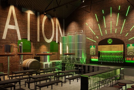 A digital render of the inside of a brewpub.