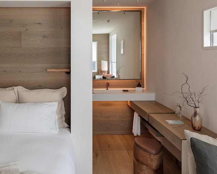 Clean, white hotel room at Hotel Britomart. 