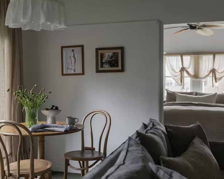The lounge and bedroom at Howard's End romantic Airbnb Victoria