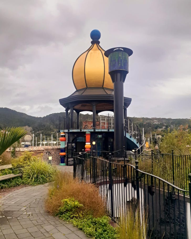 The gold-leaf covered cupola in the Afforested Roof at the Hundertwasser Art Centre. 