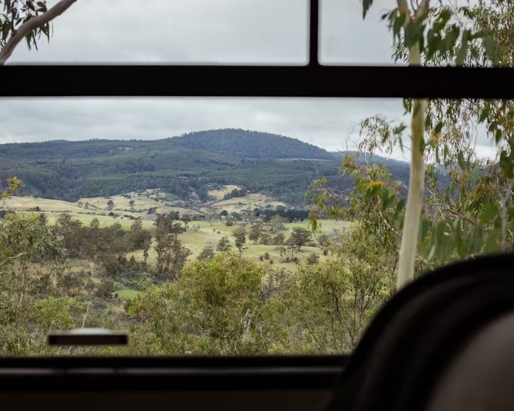 A view from the bedroom window at Huntingdon Tier Forest Retreat Airbnb one of the best stays in Tasmania