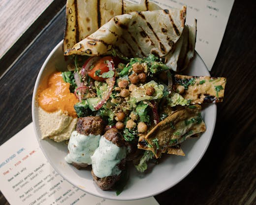 Fattoush with beef kofta wholefood BBQ bowl 
