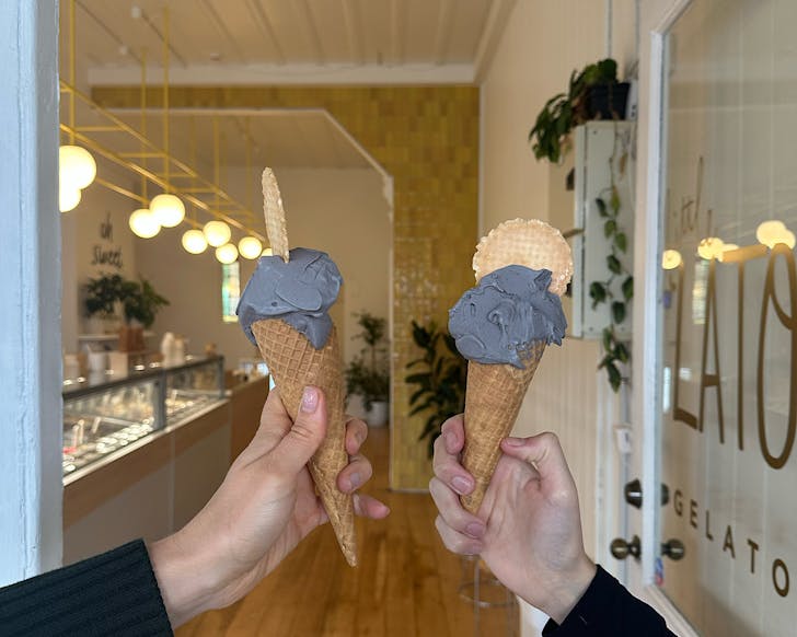 Two waffle cones containing Little Ã¢ÂÂLato mystery gelato are presented, in a activated charcoal-grey appearance that leaves us wondering what flavours they could beÃ¢ÂÂ¦