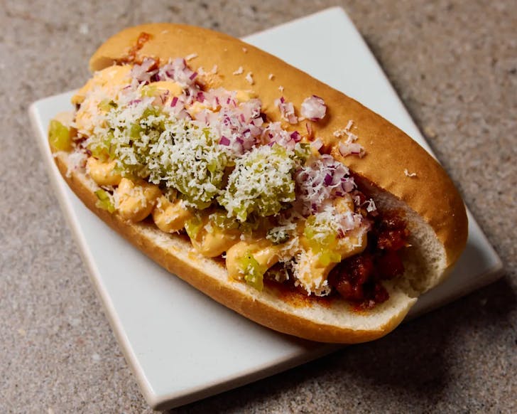 Double Dog takeawaysâ chilli hotdog loaded with all the toppings