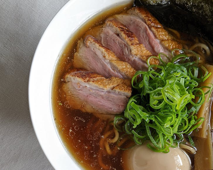 A bowl of duck shoyu-style ramen from Townhouse Ramen from Birds Eye view