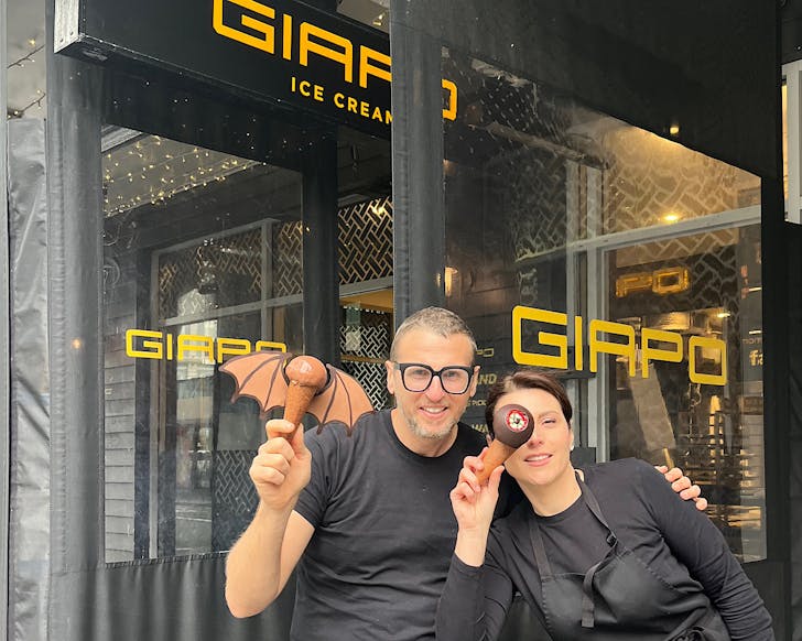 Giapo and Annarosa outside their shop with their ice cream creations