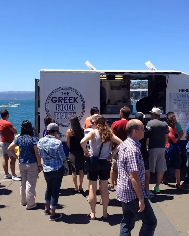 Greek Food Truck parked up outside Welly waterfront on a good day