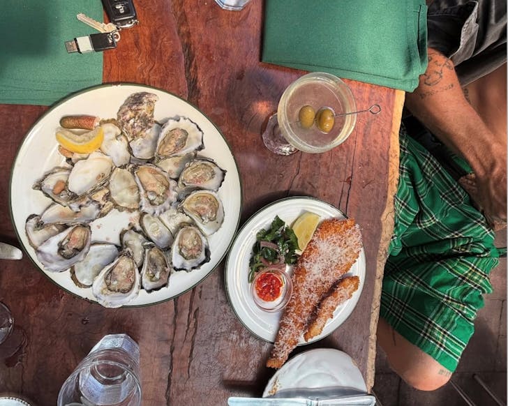 A birds eye view of an outdoor table at bush with a platter of oysters and other dishes and drinks on display. The oysters have begun to be eaten and in the right side of the image, the body of a man can be seen relaxed on a chair at the table.