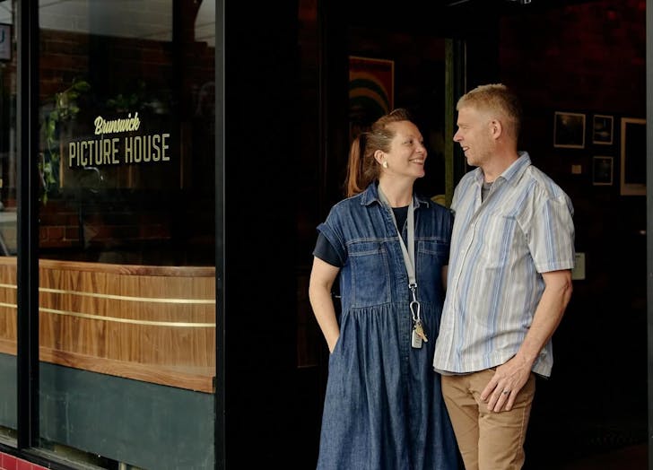 Gus and Lou outside Brunswick Picture House