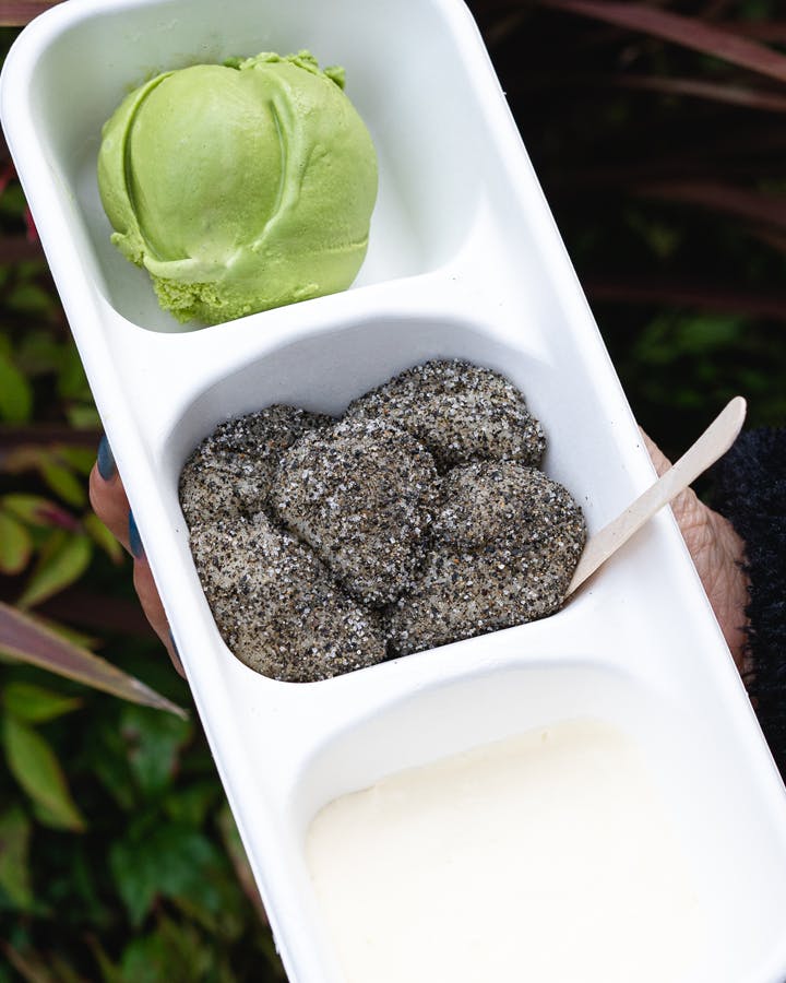 A tray with green ice cream and some of the best mochi Melbourne.