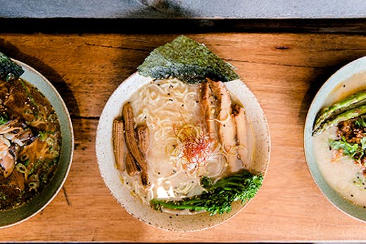 three bowls of vegan ramen