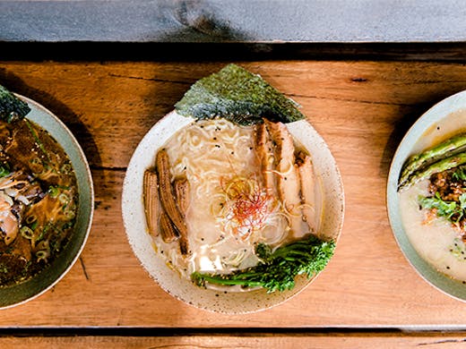 three bowls of vegan ramen