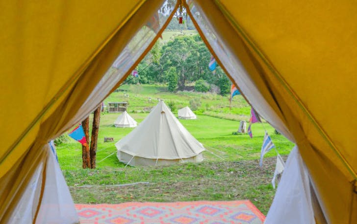 The inside of a glamping Victoria tent looking out onto a field. 