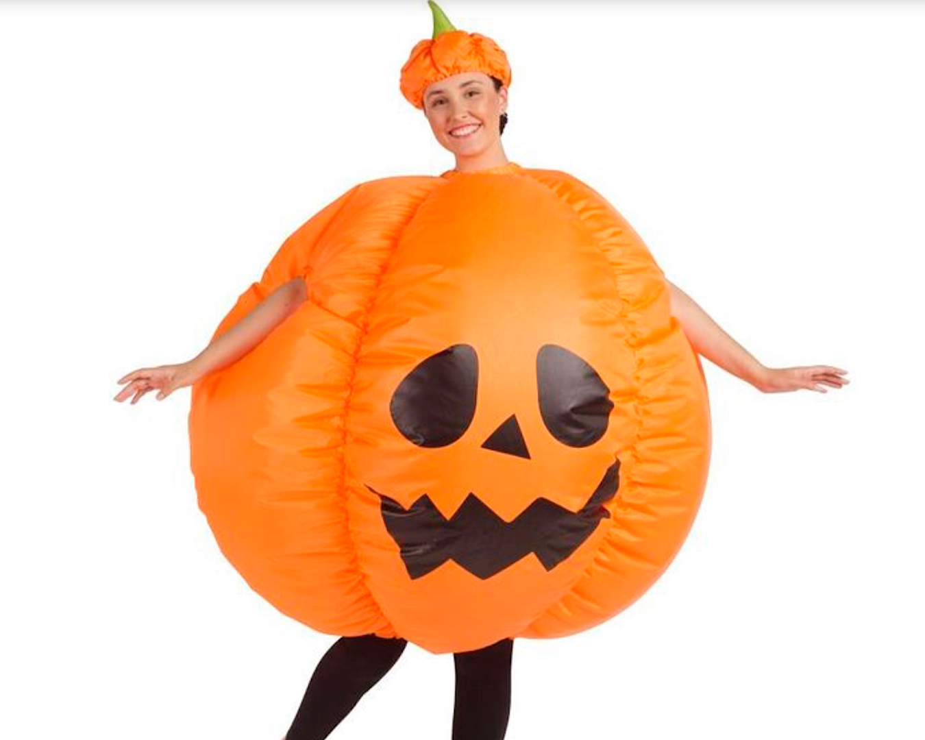 A person wears an inflatable pumpkin Halloween costume and does a happy dance. 