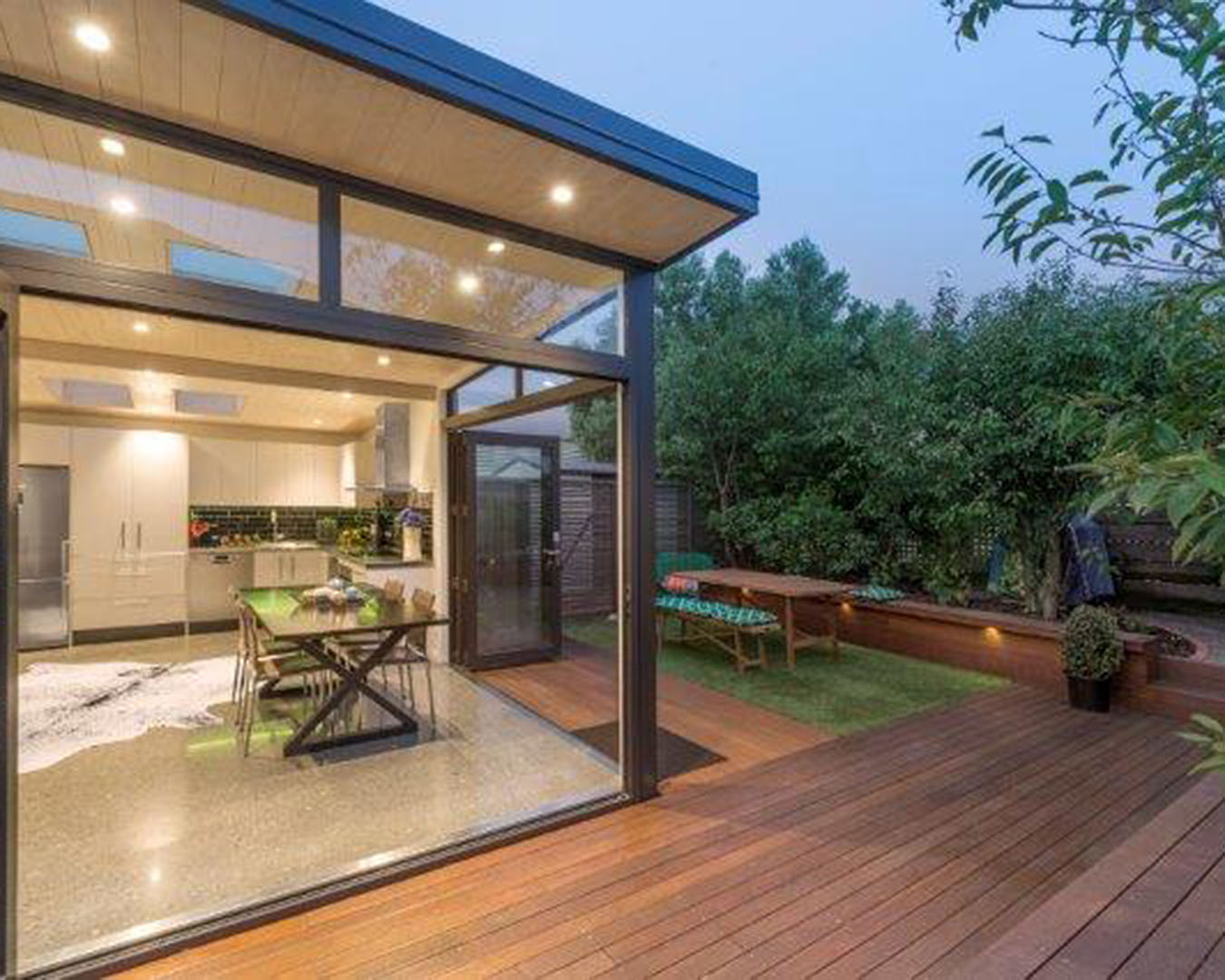 A shot of the stunning, glass exterior to the living area at this stay in Mount Victoria