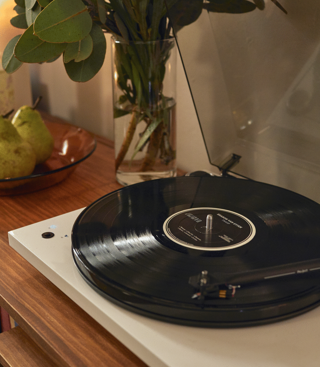 A vinyl record player and concrete statue take pride of place. 