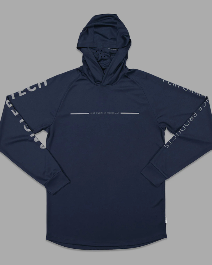 A navy blue hooded Just Another Fisherman angling long sleeve tee.
