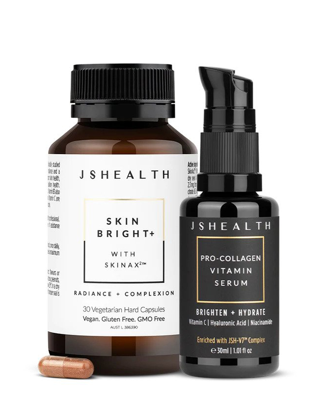 A container of JSHealth Skin Bright+ supplements and a dark pump bottle of Pro-Collagen Skin Brightening Serum