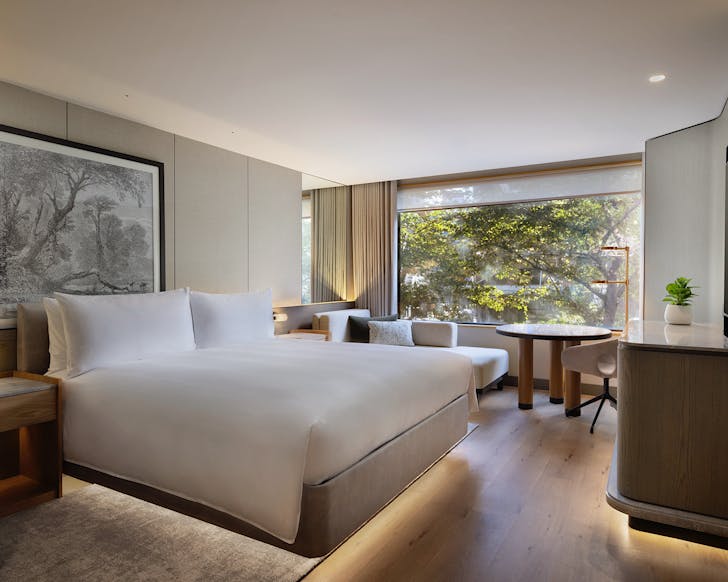 A luxe hotel bed. 