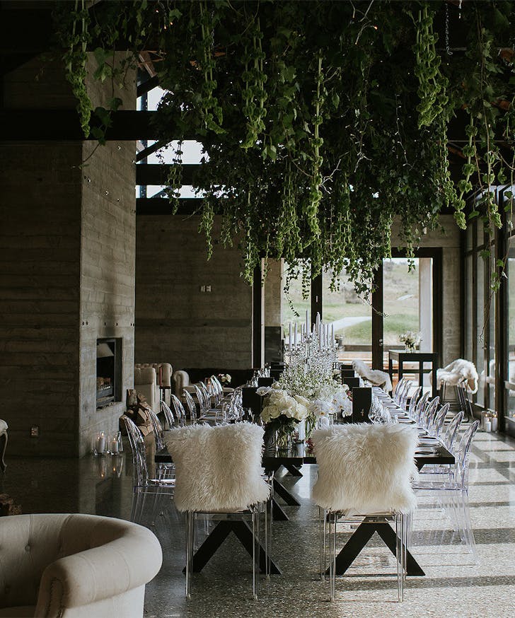 The interior the clubhouse at Jack's point all set up for a wedding, looking gorgeous.