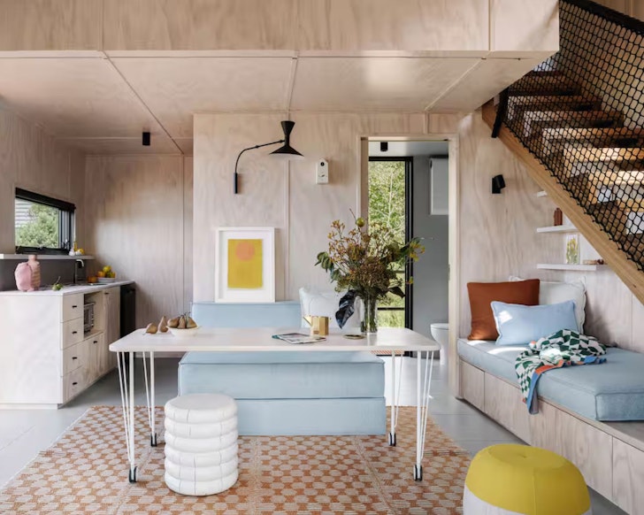 The retro living space at Jacky Winter Waters one of the best beach house Airbnbs Victoria