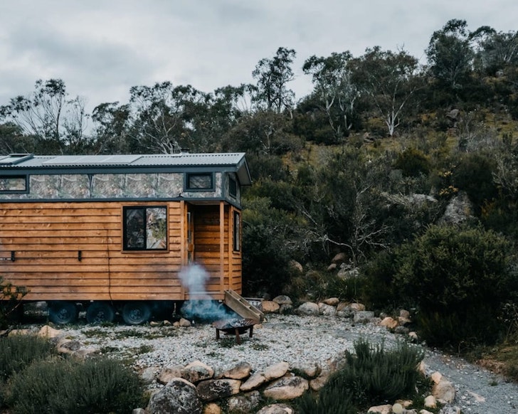 The timber exterior of Mowamba River Tiny House Airbnb one of the best accommodation options for couples in Jindabyne