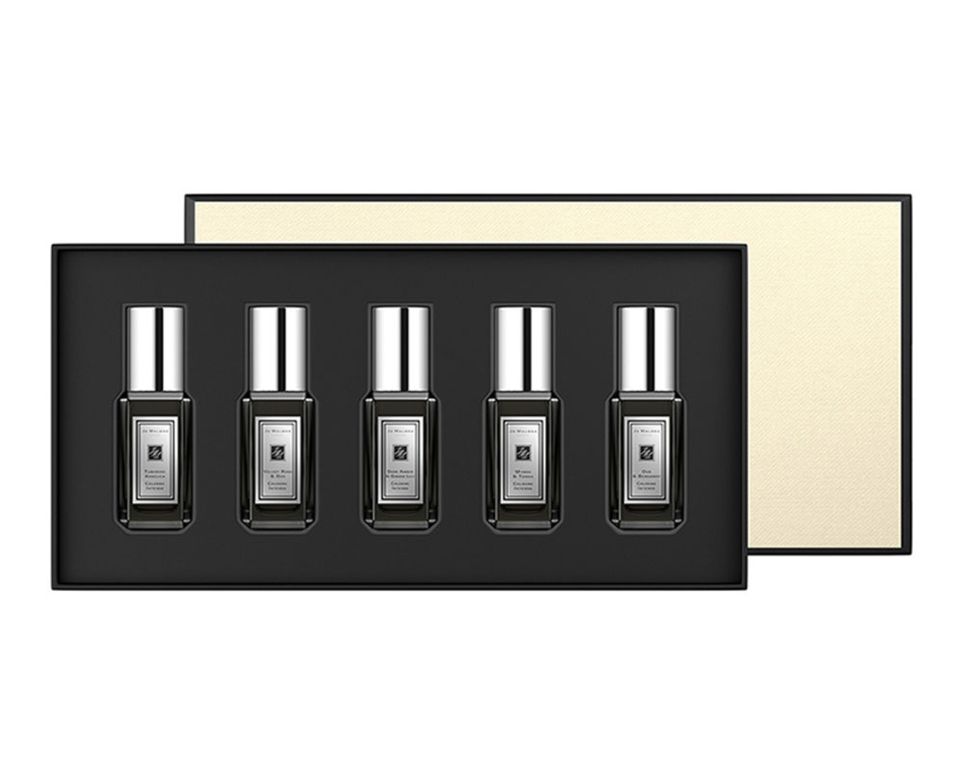 Five rectangular bottles of cologne in a black and cream box.