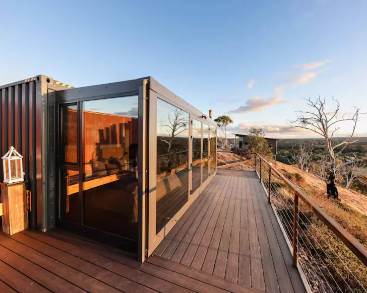 A view of the tiny home on the cliff edge at Jumanji one of the best tiny homes in Victoria