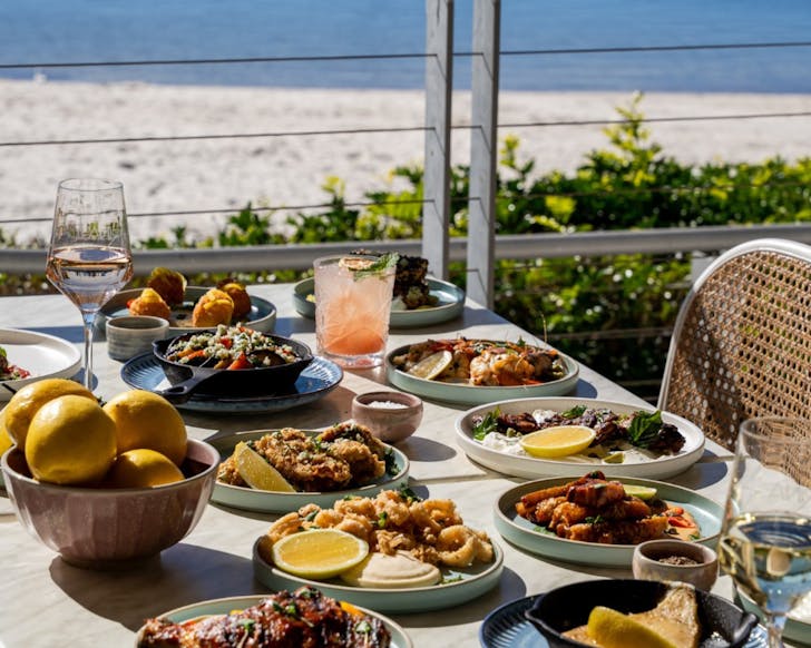 Flat lay of food and drink on table