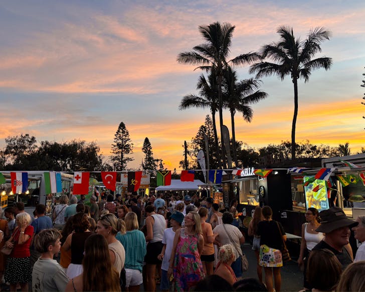 Sunset market with crowd