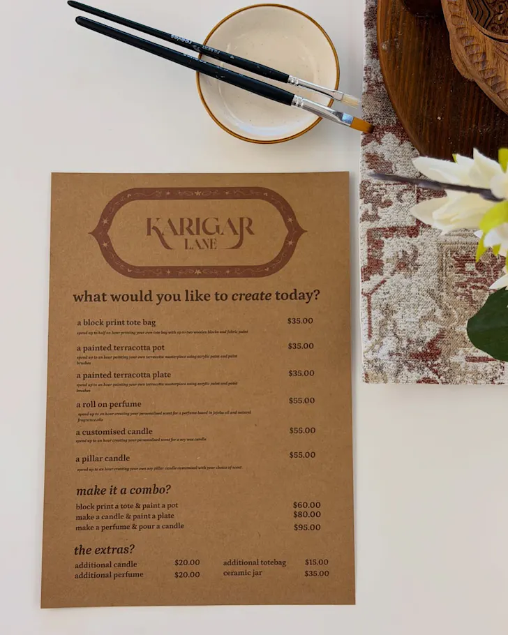 An arts and craft cafe menu.