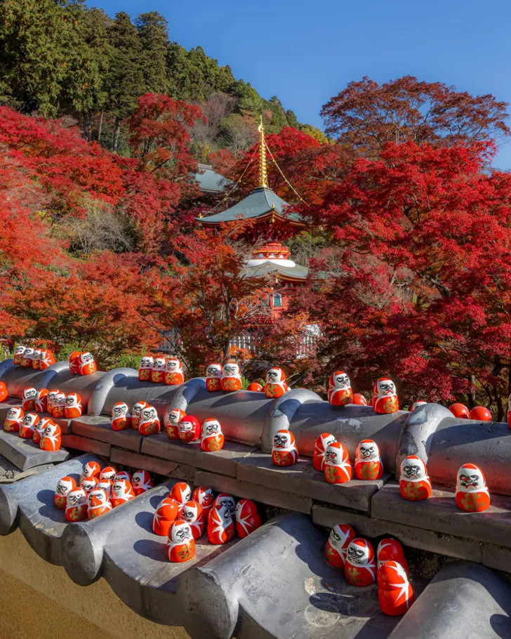 Rows of red daruma dolls scattered on stones at Katsuo-ji Temple.