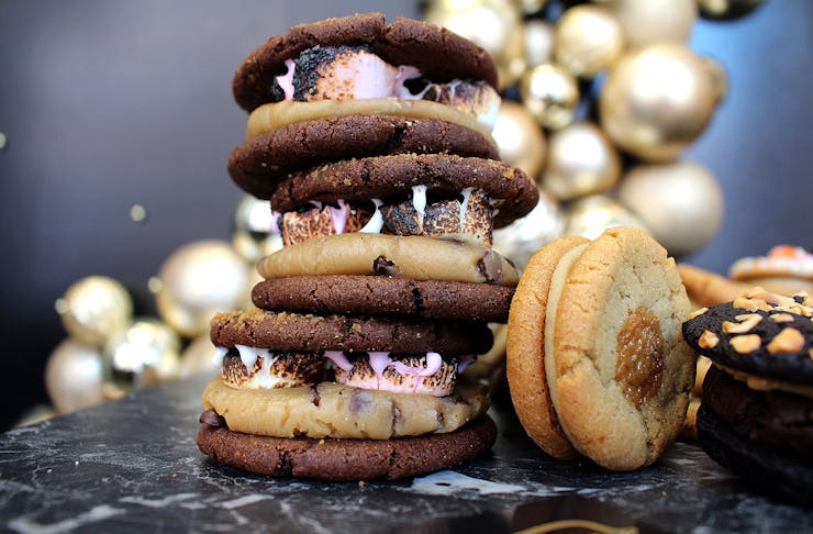 Stacked stuffed cookies on top of each other.