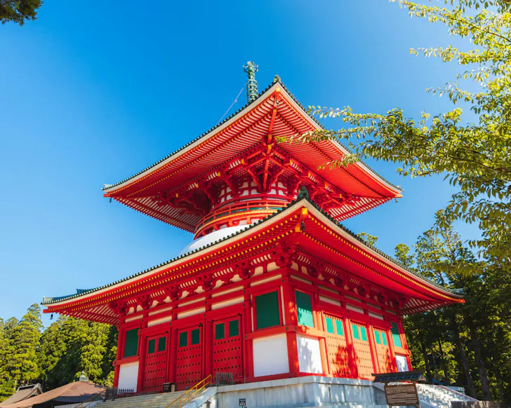 A bright red temple at Danjo Garan Temple Complex in Koyasan.
