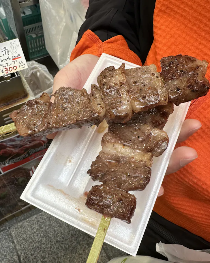 Two meat skewers from a street food stall in Dotonbori, Osaka. 