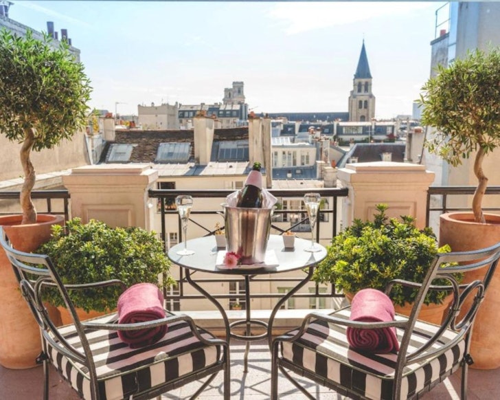 A balcony with a view at L'Hôtel one of the best luxury Paris hotels
