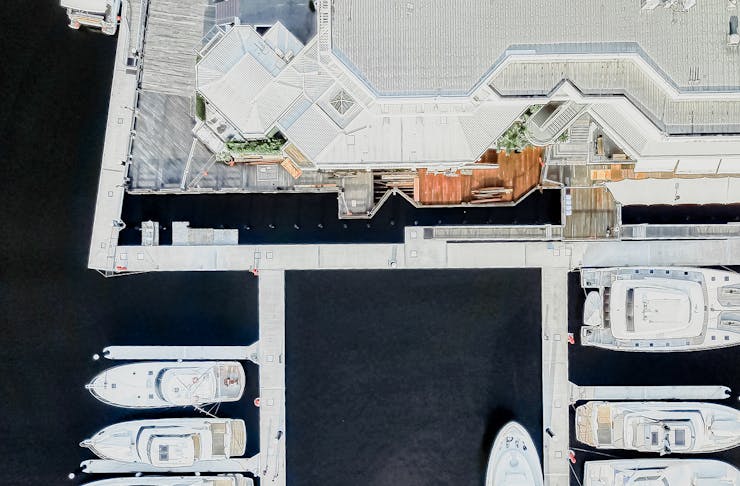an aerial shot of the yachts and restaurant location at Marina Mirage