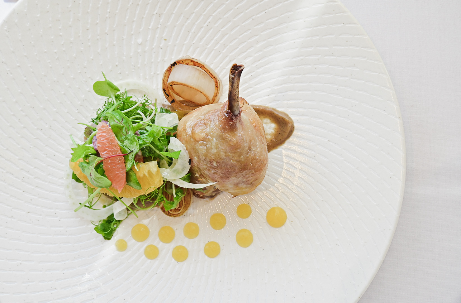 a closeup shot of duck confit with jewels of orange jelly decorating the plate