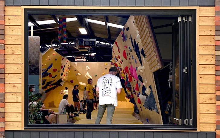 A window from the street looking into one of the best rock climbing Melbourne spots. 