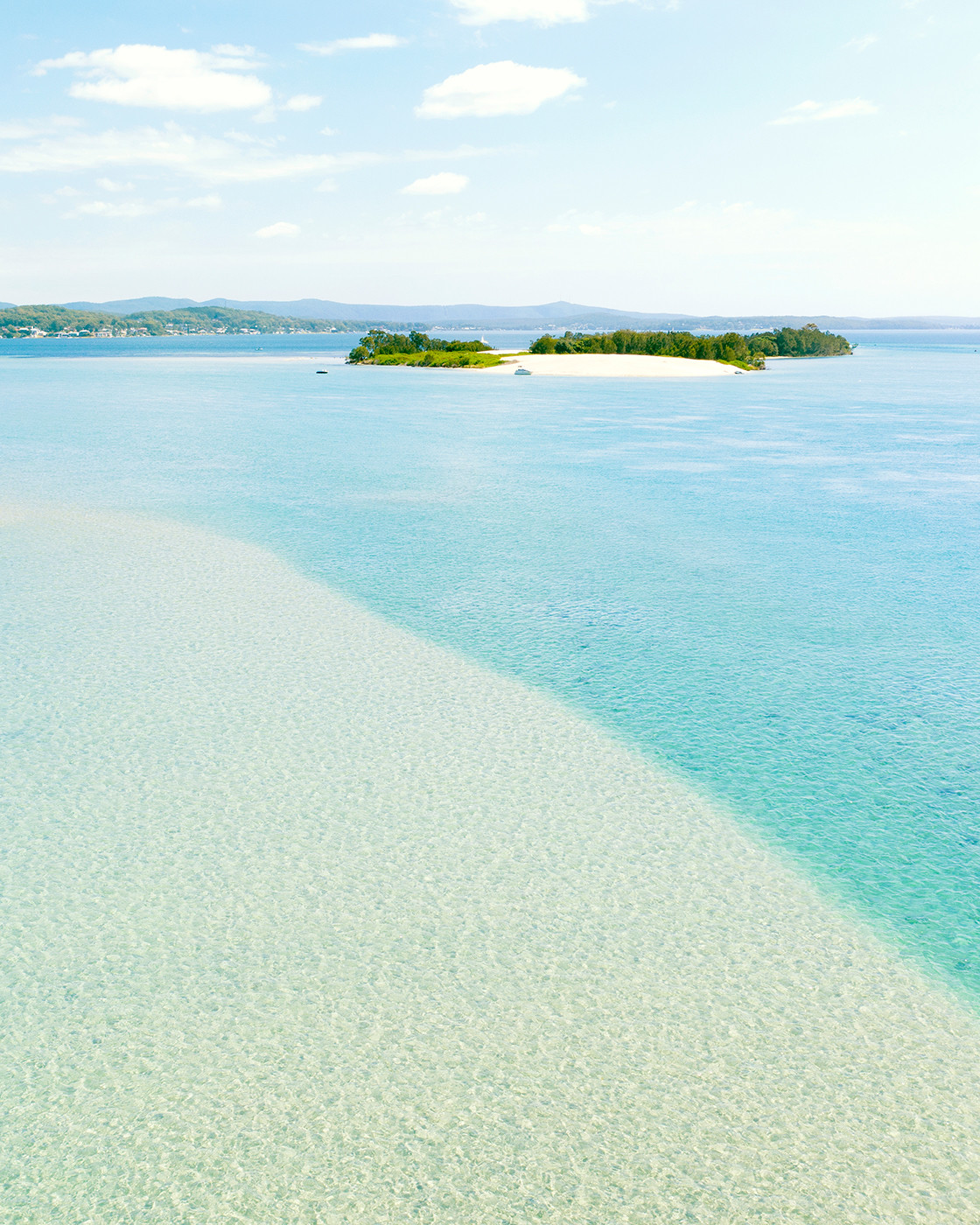 An aerial view of the crystal clear waters at Lake Macquarie.