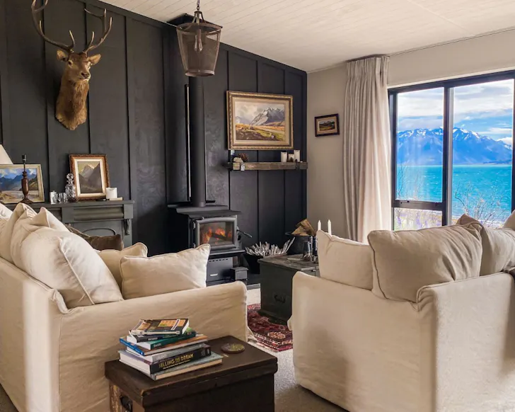 The lounge at Lakefront Ōhau best lakefront Airbnbs NZ