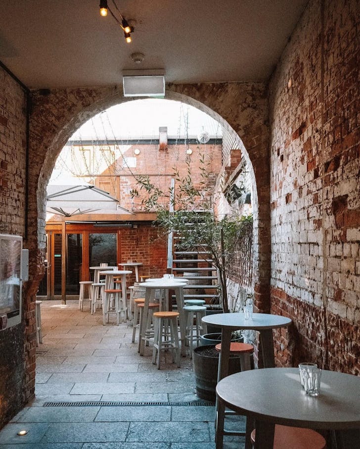 Courtyard with empty seats.